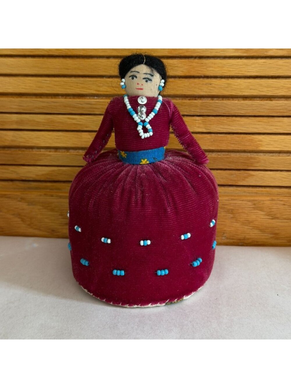 Vintage Navajo Folk Art Pin Cushion Doll Beaded Handmade Red Velvet Dress 5.5"